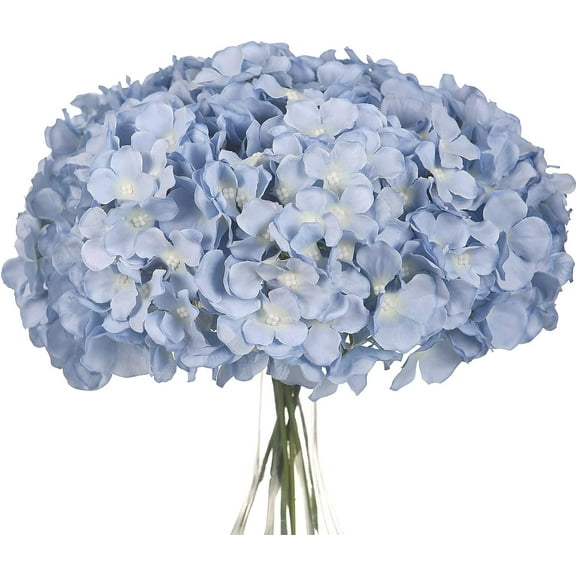 Silk Hydrangea Heads with Stems Artificial Flowers Heads for Home Wedding Decor,Pack of 10 (Sky Blue)