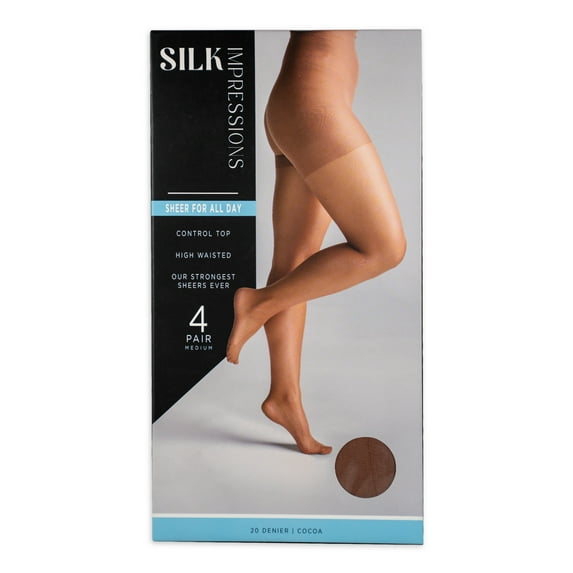 Silk Impressions 20 Denier Sheer Tights and Control Top Pantyhose for Women, Sizes S-3XL, 4-Pack