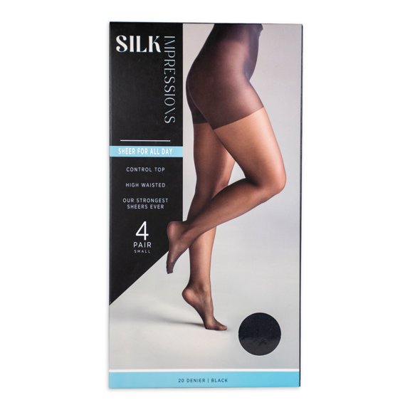 Silk Impressions 20 Denier Sheer Tights and Control Top Pantyhose for Women, Sizes S-3XL, 4-Pack