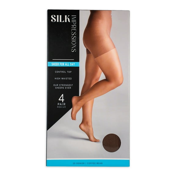 Silk Impressions 20 Denier Sheer Tights and Control Top Pantyhose for Women, Sizes S-3XL, 4-Pack