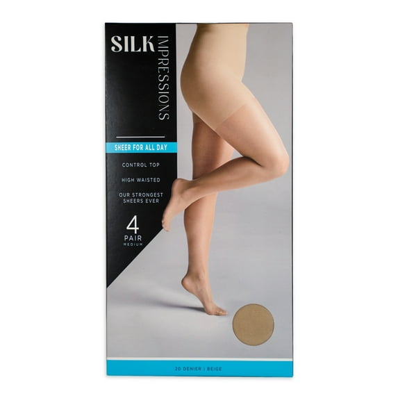 Silk Impressions 20 Denier Sheer Tights and Control Top Pantyhose for Women, Sizes S-3XL, 4-Pack