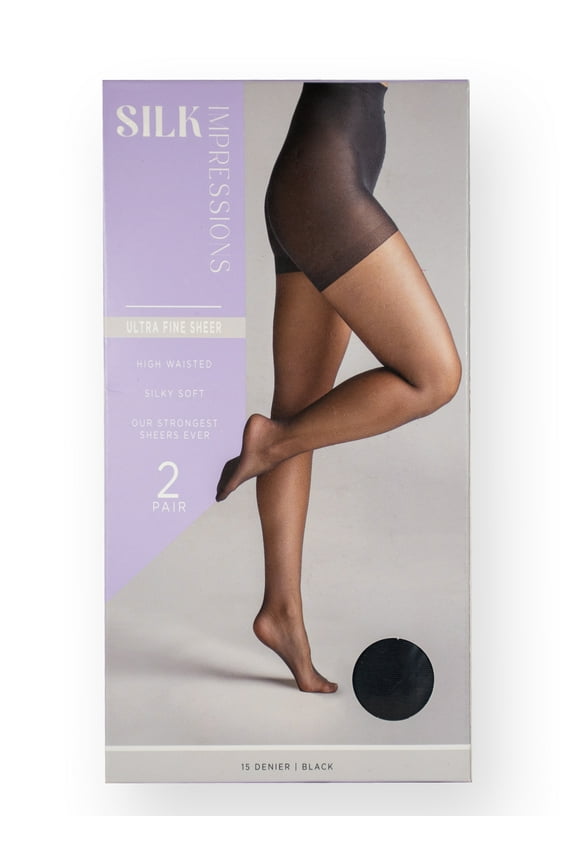 Fine Sheer Pantyhose for Women, 15 Denier Ultra Sheer, Sizes S-3XL, 2-Pack