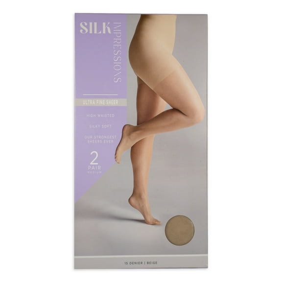 Silk Impressions Fine Sheer Pantyhose for Women, 15 Denier Ultra Sheer, Sizes S-3XL, 2-Pack