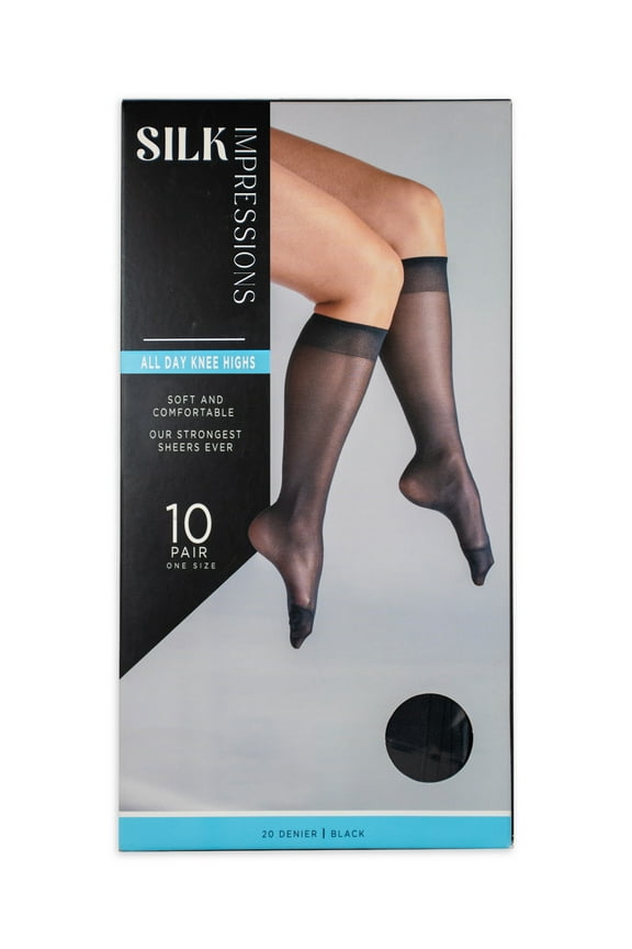 Sheer Knee High Stockings for Women, 20 Denier Sheer, One Size, 10-Pack