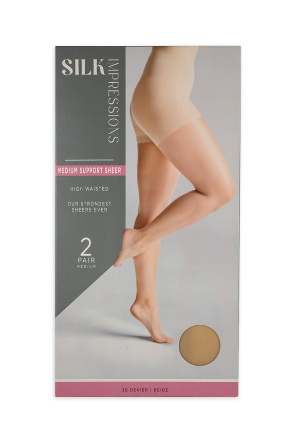 30 Denier Sheer Support Pantyhose for Women, Sizes S-3XL, 2-Pack