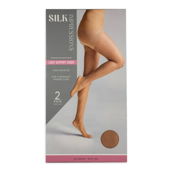 Silk Impressions 20 Denier Sheer Tights and Control Top Pantyhose for Women, Sizes S-3XL, 2-Pack