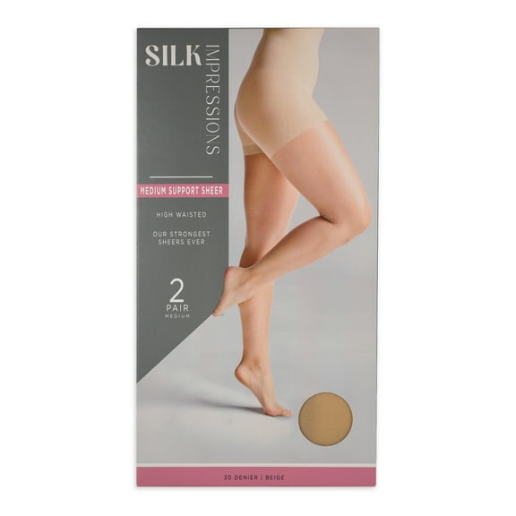 Silk Impressions 30 Denier Sheer Support Pantyhose for Women, Sizes S-3XL, 2-Pack