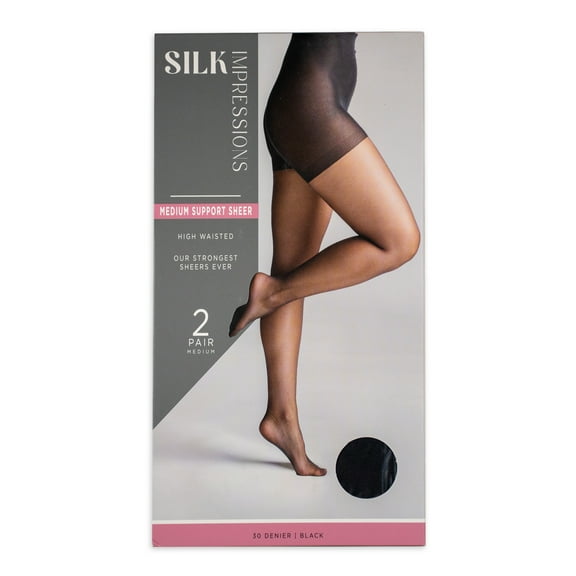 Silk Impressions 30 Denier Sheer Support Pantyhose for Women, Sizes S-3XL, 2-Pack