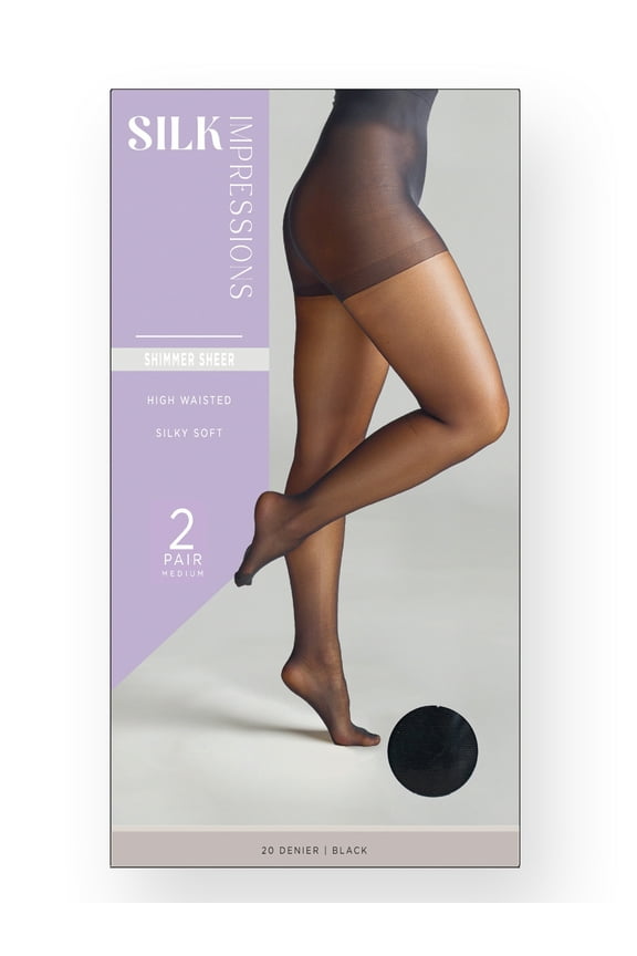 Shimmer Sheer Pantyhose for Women, 20 Denier Sheer, Sizes S-3XL, 2-Pack