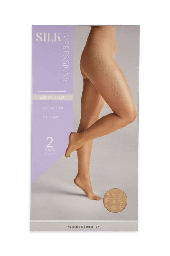 Shimmer Sheer Pantyhose for Women, 20 Denier Sheer, Sizes S-3XL, 2-Pack