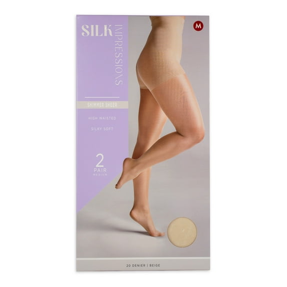 Silk Impressions Shimmer Sheer Pantyhose for Women, 20 Denier Sheer, Sizes S-3XL, 2-Pack