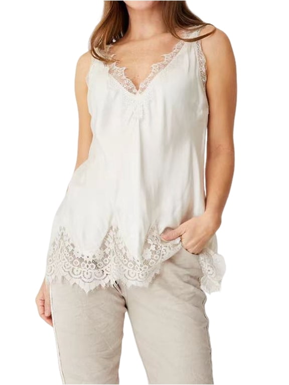 Silk Lace Trim Camisole Tops for Women Satin Layering Tops Lace Patchwork Camis Tank White L