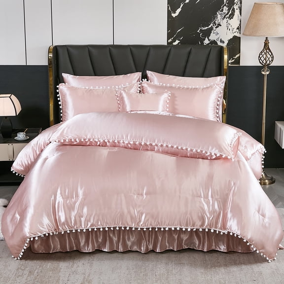 Silk Like Comforter Queen Satin Bed in A Bag 10 Pieces Bed Set White Pom Pom Home Decor Luxury Silky Comforter with Flat Sheet, Fitted Sheet, Bed Skirt, Body Pillow Cover
