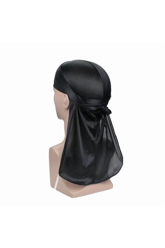 Silk-Like Long Tail Durag for Men - Elastic Headwrap Hat with Tied Back Tails