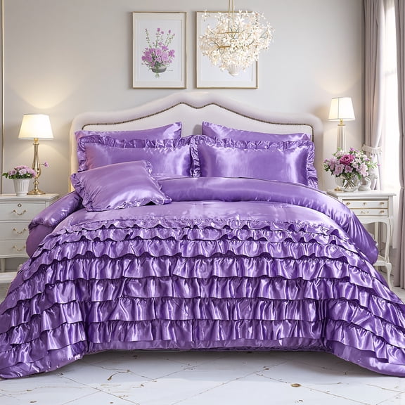 Purple Satin Comforter Set Queen Size 8 Pieces Satin Bed in a Bag Farmhouse Shabby Chic Girls Waterfall Ruffle Comforter Set Luxury Silky Bedding Set for Bedroom Decor