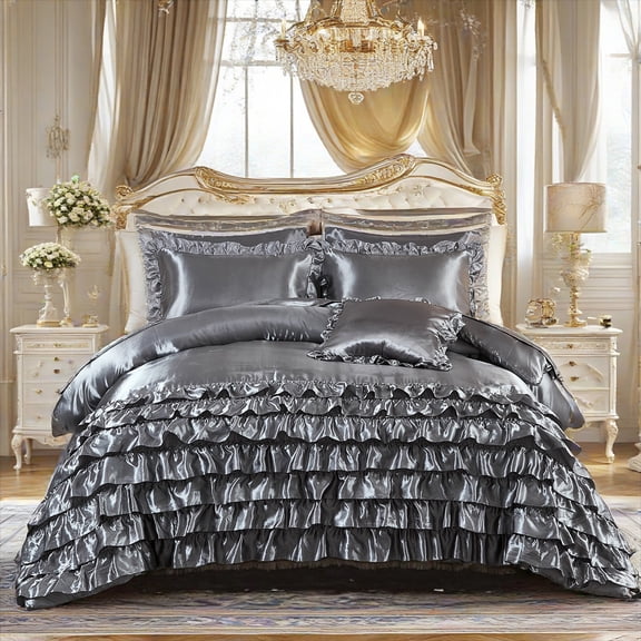 8 Pieces Ruffle Comforter Set King Size Silver Gray Satin Bed in a Bag Luxury and Soft Silk Like Satin Comforter Set for Bedroom Boho Chic Vintage Ruffled Bedding Set