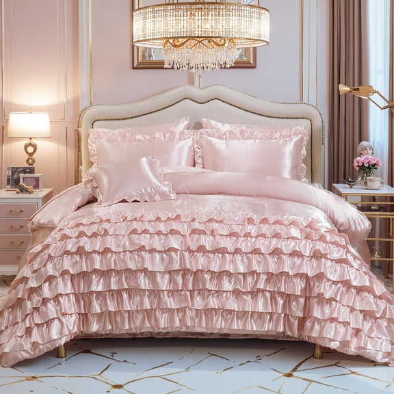 Light Pink Satin Comforter Set Queen Size 8 Pieces Satin Bed in a Bag Farmhouse Shabby Chic Girls Waterfall Ruffle Comforter Set Luxury Silky Bedding Set for Bedroom Decor