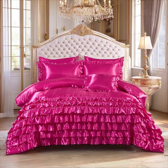 8 Pieces Silk Like Satin Comforter Set King Size Hot Pink Bedding Set Soft and Luxury Waterfall Ruffled Comforter Set with Sheet Set Girls and Women Boho Chic Farmhouse Bedding Comforter Set
