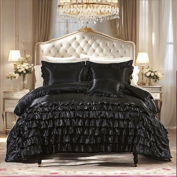 Black Ruffle Comforter Set Queen Size 8 Pieces Silky Comforter Set with Sheet Set Romantic Waterfall Ruffle Fringe Design Boho Bedroom Comforter Set