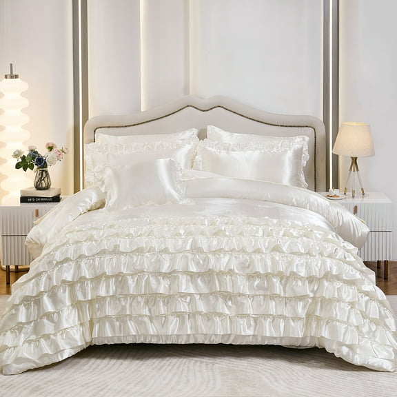 Satin Ruffle Comforter Set 8 Pieces Bed in a Bag King Size Silk Like Satin White Waterfall Ruffle Comforter Set 8 Pieces Girls Romantic Layers Ruffled Bedding Set for All Seasons