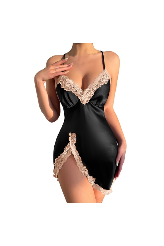 Silk-Like Sexy Lace Nightgown - Adjustable Spaghetti Strap, Soft Fabric, High Elasticity, Perfect for Summer Sleepwear & Loungewear