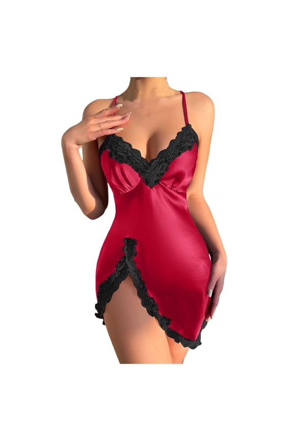 Silk-Like Sexy Lace Nightgown - Adjustable Spaghetti Strap, Soft Fabric, High Elasticity, Perfect for Summer Sleepwear & Loungewear