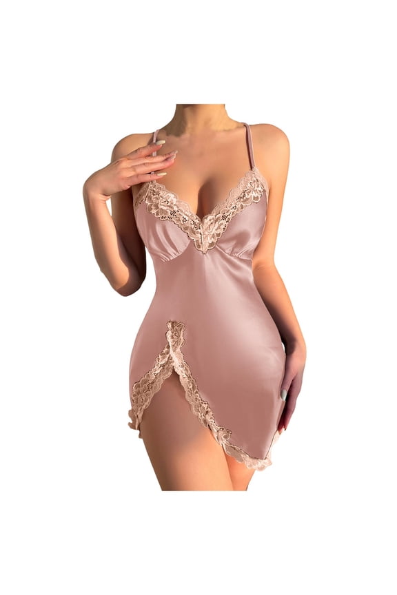 Silk-Like Sexy Lace Nightgown - Adjustable Spaghetti Strap, Soft Fabric, High Elasticity, Perfect for Summer Sleepwear & Loungewear