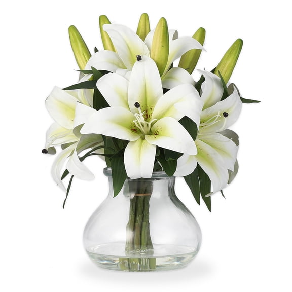 Silk Lily Bouquet in Vase - Artificial Flower Arrangement, Home Decor Gift Set for Table & Mante
