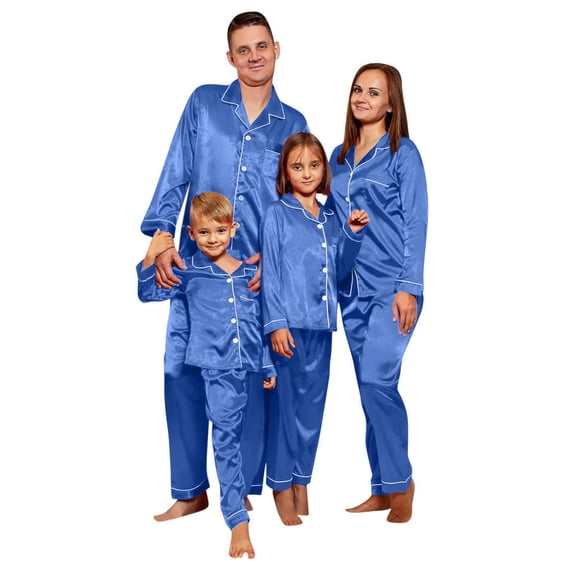 Silk Matching Pajamas for Family Satin Long Sleeve Button Down Top Pants Solid Adult Kid 2 Piece Lounge Set Sleepwear, Kid, 3 Years