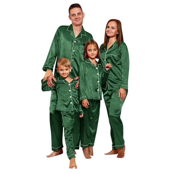 Silk Matching Pajamas for Family Satin Long Sleeve Button Down Top Pants Solid Adult Kid 2 Piece Lounge Set Sleepwear, Mom, XXXL
