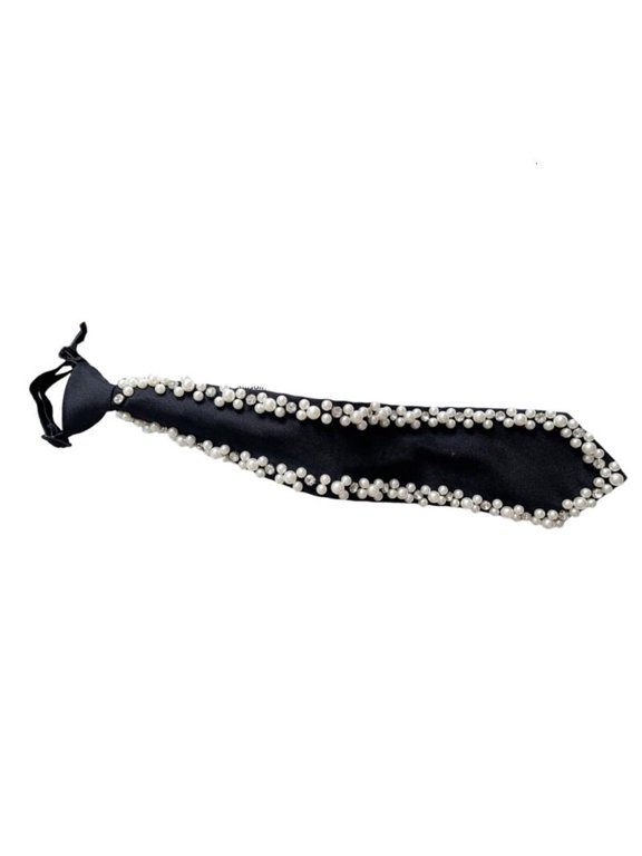 Silk Neck Tie with Pearls Rhinestones Detailing Elegant Unisex Adjustable Pretied Necktie Neckwear for Formal Gatherings