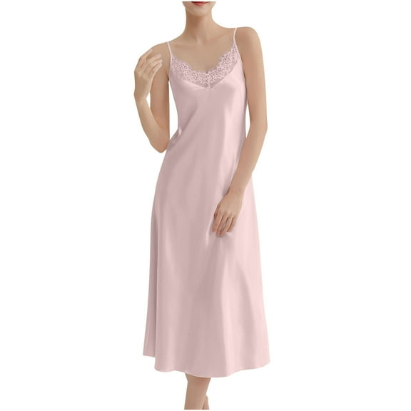 Silk Nightgown for Women Lace V Neck Sleepwear Satin Slip Dress Sexy Bridal Lingerie Long Babydoll Chemise Negligee