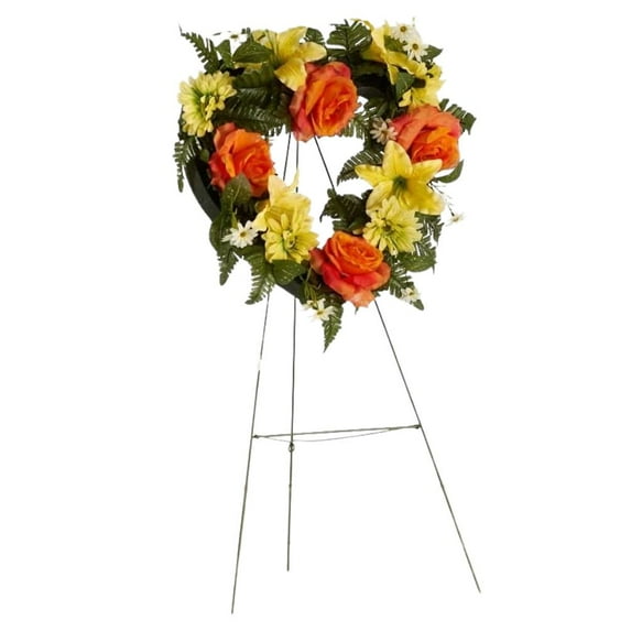 Silk Orange Rose & Yellow Lilly Heart on Easel - For Memorial Day & Funerals - Factory Direct Craft