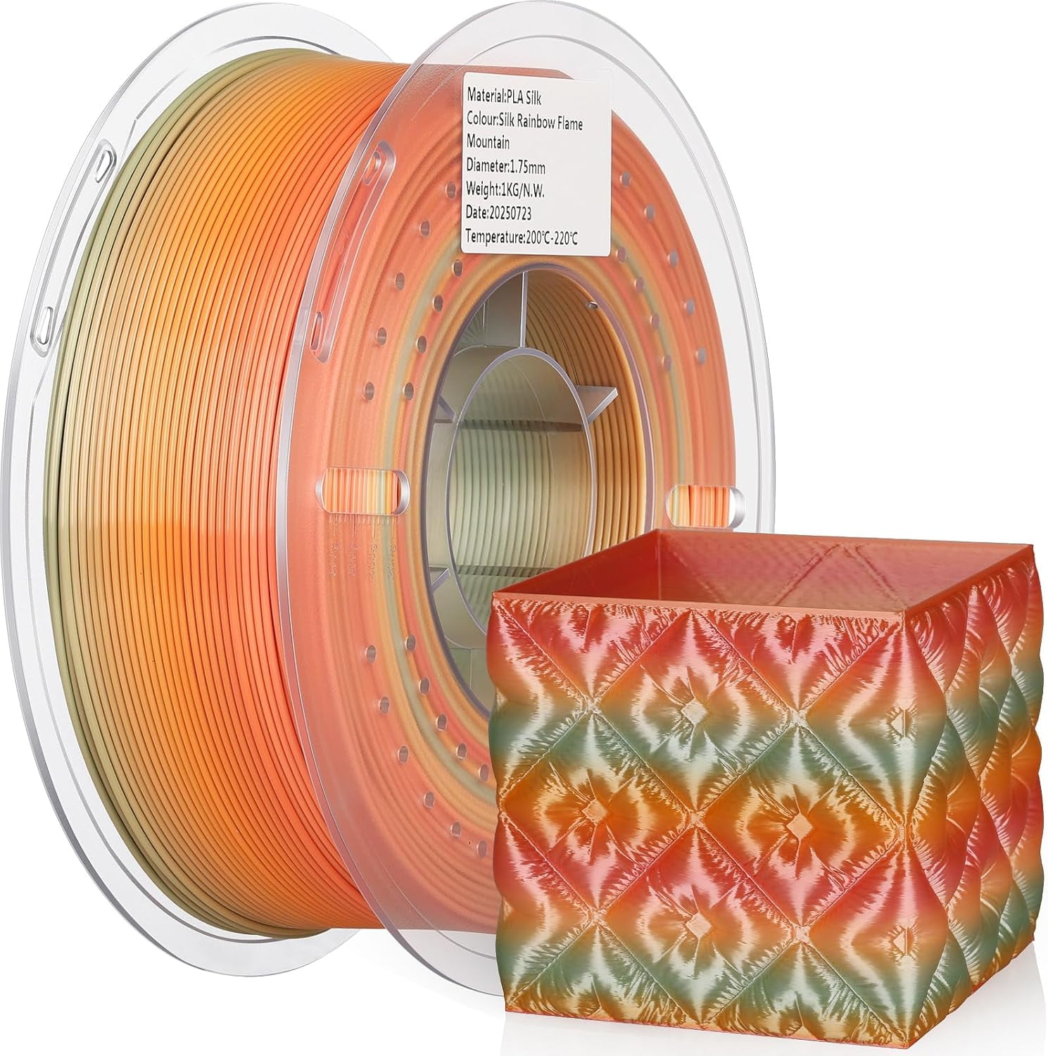 Silk PLA 3D Printer Filament Multicolor Rainbow PLA Filament 1.75mm Gradient Color Changing Filament 1kg (2.2lbs) Dimensional Accuracy +/- 0.02 mm Silk Rainbow Filament