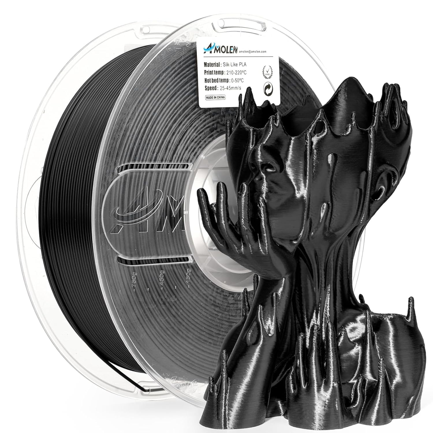 Silk PLA 3D Printer Filament, Shiny Silk Black PLA Filament 1.75mm, 3D Printing PLA Filament for Most 3D Printer, 1kg Spool(2.2lbs)