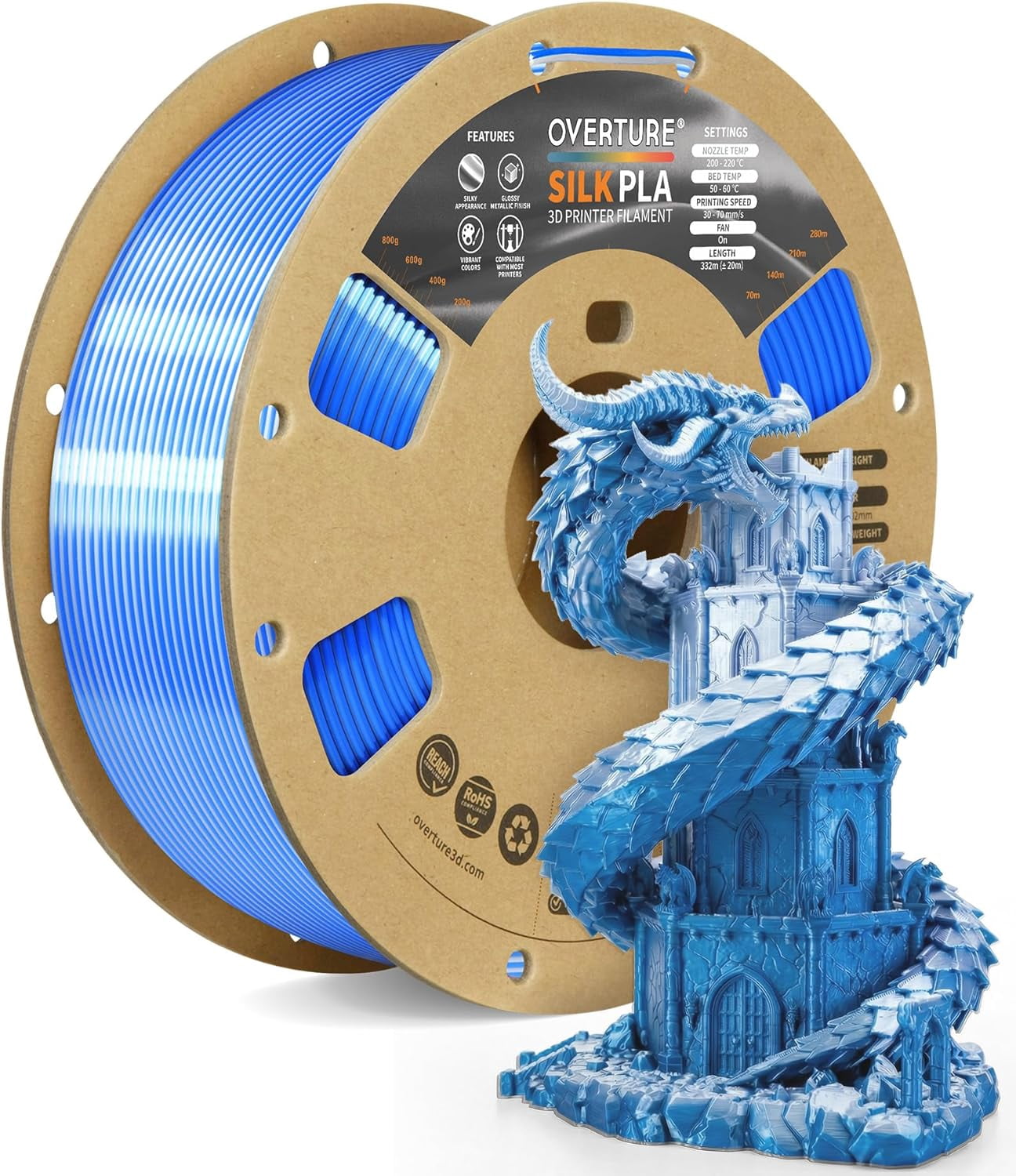Silk PLA Dual Color Filament 1.75mm, Bi-Color Shiny PLA Finish, Smooth & Glossy, 1kg Spool (2.2lbs), Ideal for Cosplay Jewelry & Home Decor (Silk Blue-Silver)