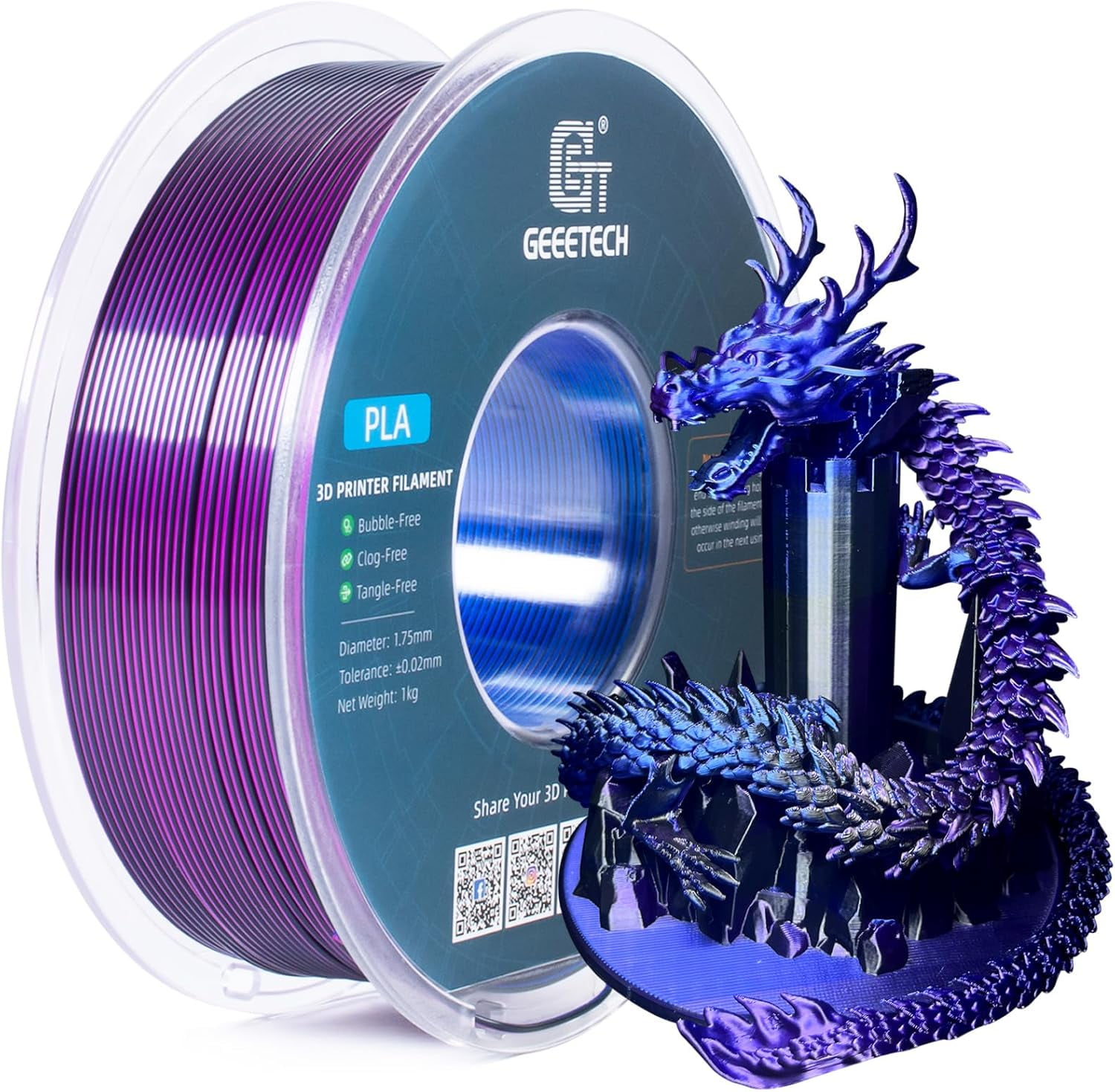 Silk PLA Tri Color Filament 1.75mm 3D Printer Filament, Coextrusion Blue Purple Black Tri-Colors Metal-Like Shiny Silk PLA Filament, 1kg (2.2lbs) 1 Spool, Dimensional Accuracy +/- 0.02 mm