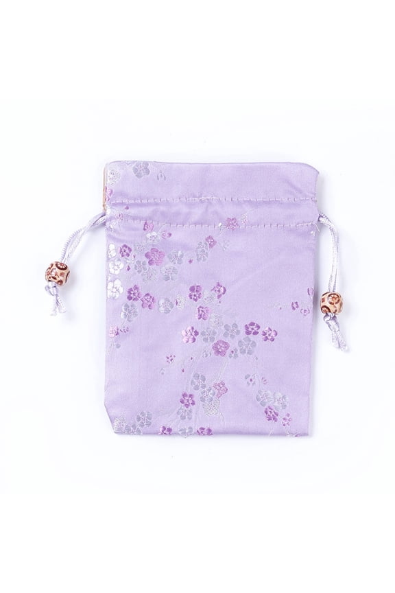 Silk Packing Pouches Drawstring Bags with Wood Beads Lilac 14.7~15x10.9~11.9cm