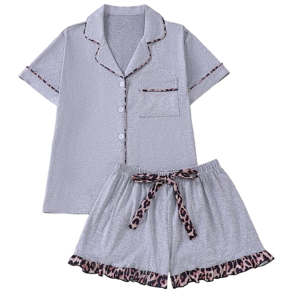 Silk Pajama Set Color Block Valentine's Day Couple Pajama Set Women Lapel Short Sleeve Breathable Soft Matching Shorts Homewear Women's Pajama Sets Grey S