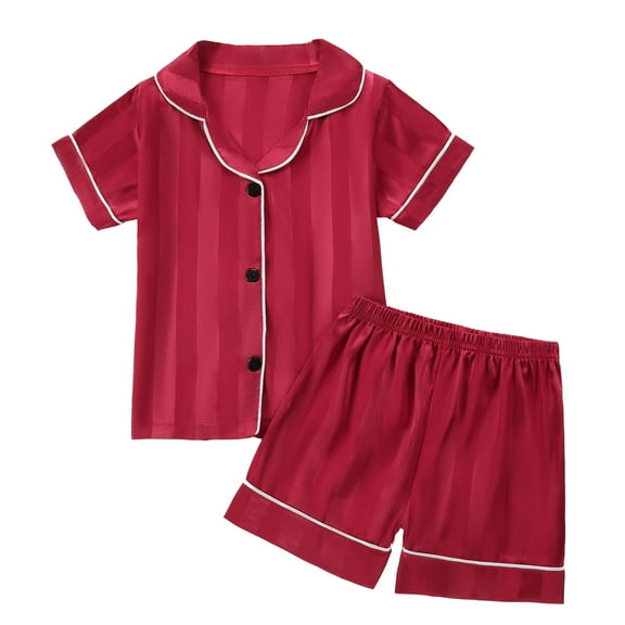 Silk Pajama Set For Girls Boys Classic Red Short Sleeve Pajamas Button Down Solid Tops T Shirt Set Classic Loungewear Girls Silk Pajamas Size 2-3 Years