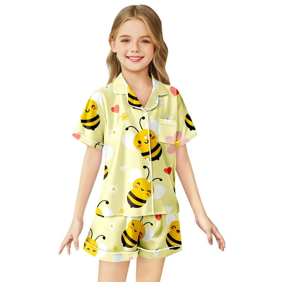 Silk Pajama Set for Girls Boys Color Block Button Down Sleepwear Set Sleepwear Loungewear Set Girls Christmas Pajamas 12-13 Years Summer Clothes