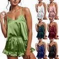 thumbnail image 1 of Silk Pajama Set for Women Shorts V Neck Camisole Shorts Sets 2 Piece Summer Sleepwear Outfit Sets Ruffle Pink Size M, 1 of 7