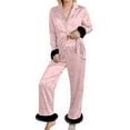 thumbnail image 1 of Silk Pajama Set for Women Valentine Pjs Long Sleeve Bow Print Feather Trim Button down Sleepwear Womens Pajama Set, 1 of 5
