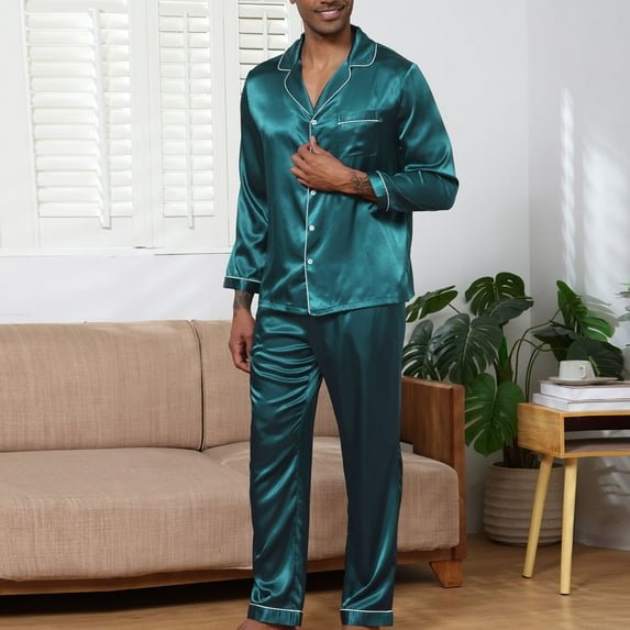 Silk Pajama Sets for Men with Pockets Two Piece Soft Satin Loungewear Outfits Mens Casual Solid Long Sleeve Shirts and Pants Sleepwear Set