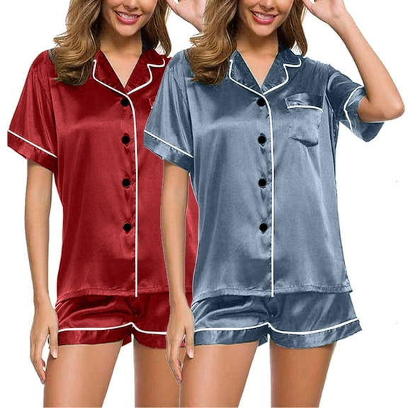Silk Pajama for Women 2 Pcs Button Down Shorts Pajama Set for Women Loungewear Sets Woman Womens Pjs