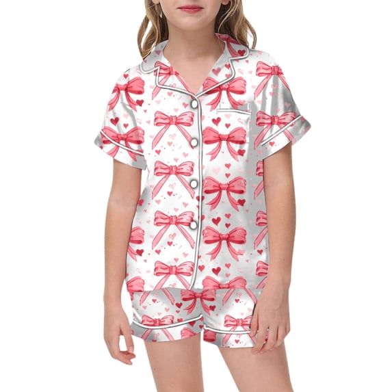 Silk Pajamas Girls,Bow Print Satin Pajama Set Girls Button Down Pajamas Set 2 PC Classic Loungewear Pajamas for Girls 2-3 Years