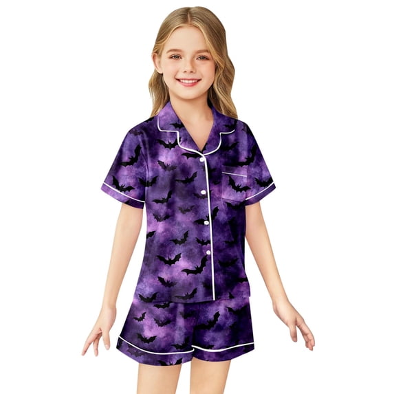 Silk Pajamas Girls Button Down Homewear Set Silk Pajamas Outfits Halloween prints Pjs for Girls Size 12-13 Years