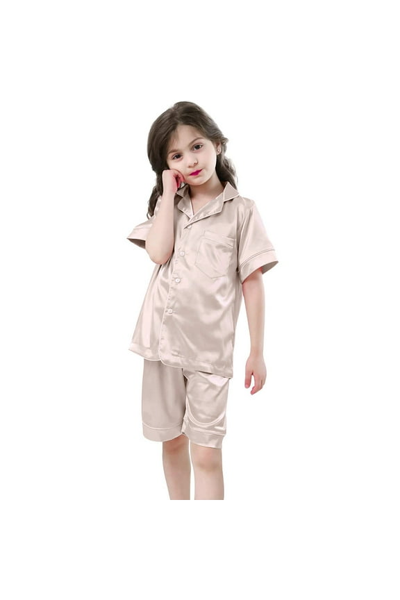 Silk Pajamas Girls Classic Khaki Pajama Set Button Down Tops Set Girls Casual Pajamas Set Girls Pajama Sets Size 4-5 Years