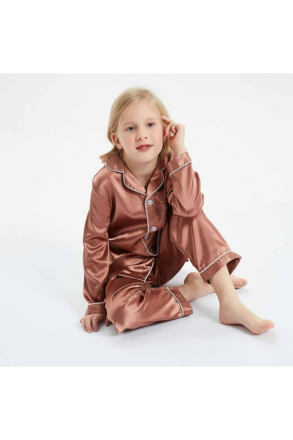 Silk Pajamas Girls Coffee Button Down Homewear Set Classic Loungewear Boys Pjs Size 13-14 Years