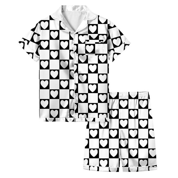 Silk Pajamas for Girls Comfy Button Down Short Sleeve Loungewear Clothes Set Valentine's Day Pjs Heart Print Girls' Sleepwear 2 Piece Satin Pajama Sets(Black,6-7 Years)
